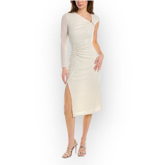 Maggy London Sheath Midi Dress Women's 12 Ivory Glitter Asymmetric Neck Slit - Picture 1 of 8